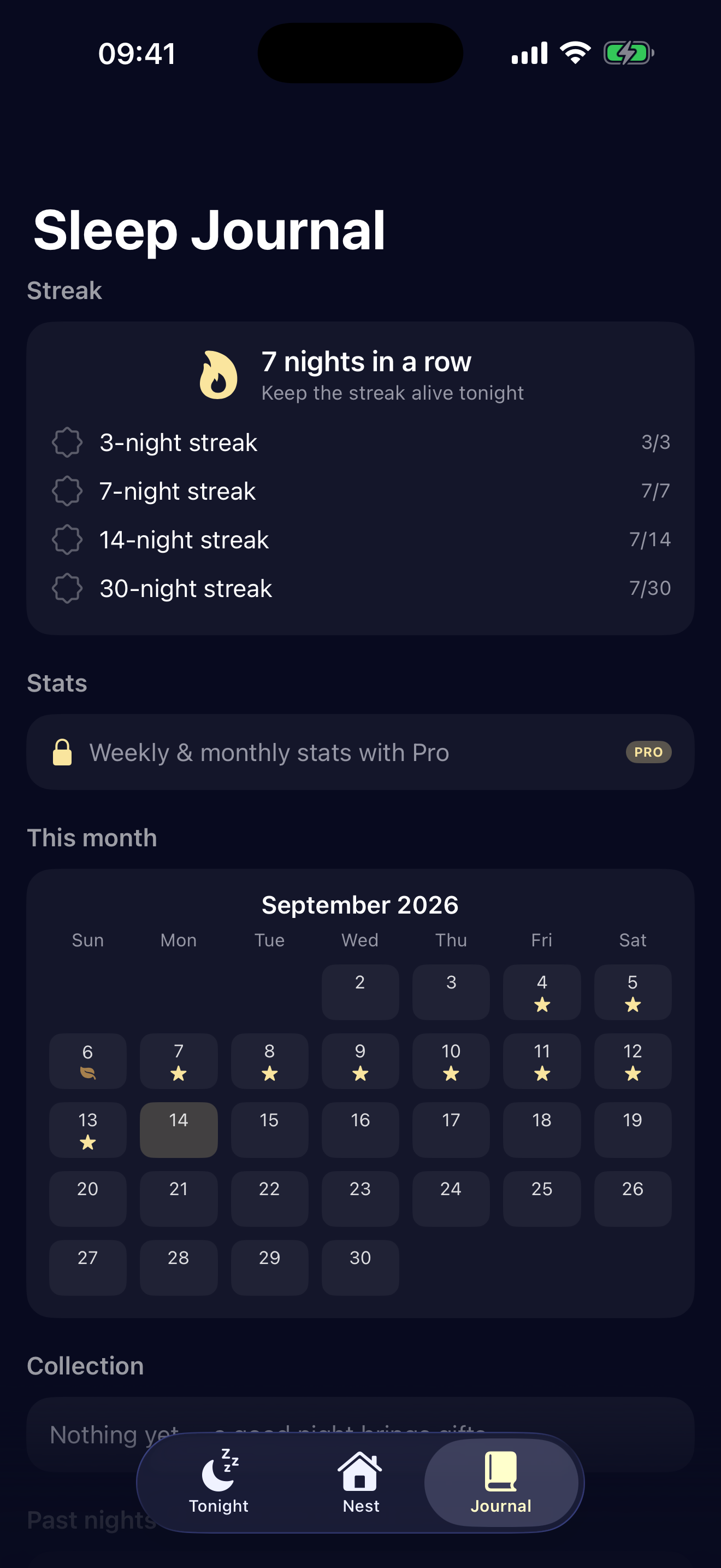 Sleep journal with a 7-night streak