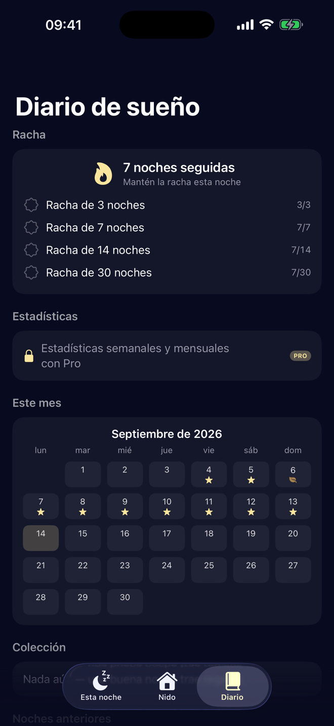 Diario de sueño con una racha de 7 noches