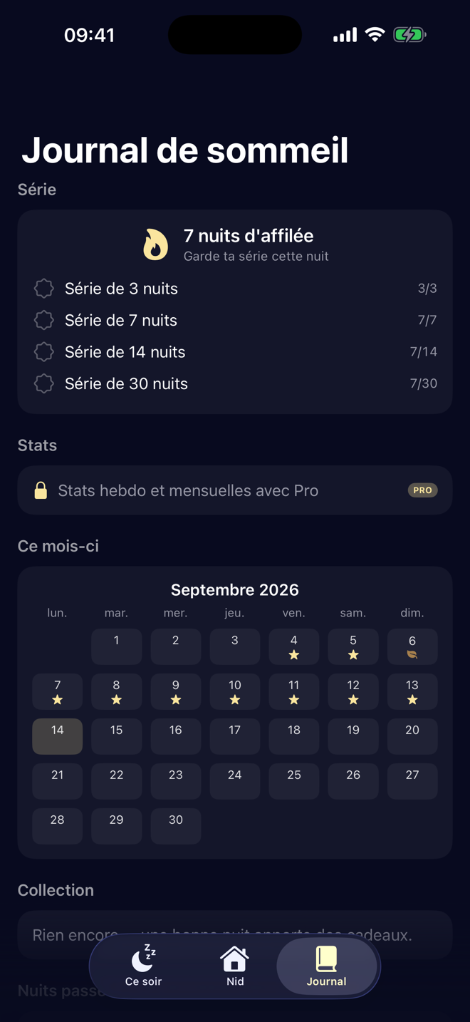 Journal de sommeil avec une série de 7 nuits
