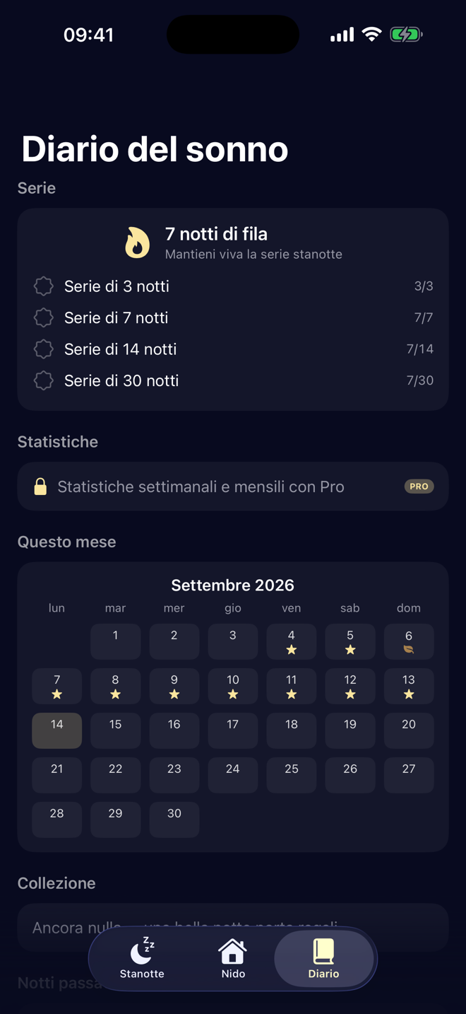 Diario del sonno con una serie di 7 notti